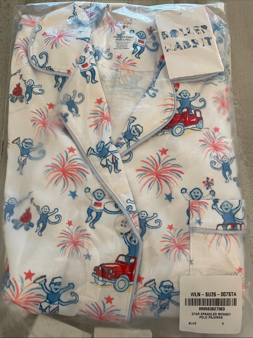 NWT Roller Rabbit Star Spangled Monkey Polo Pajamas Small